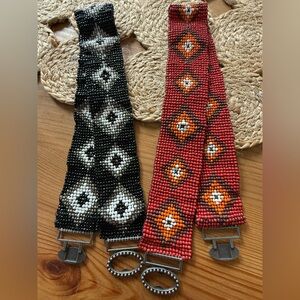 Vintage Bead Stretch Belts Set of 2 Boho Geometric Western Stagecoach Festival